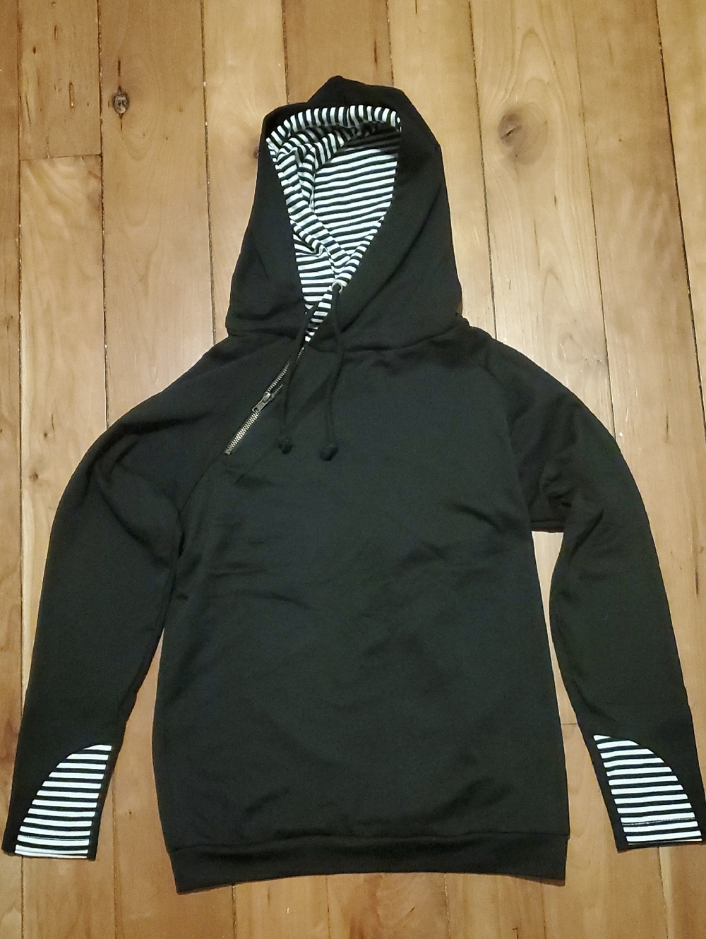 Boutique Only Black Hoodie with Black & White Stripe Lining Striped Cuffs